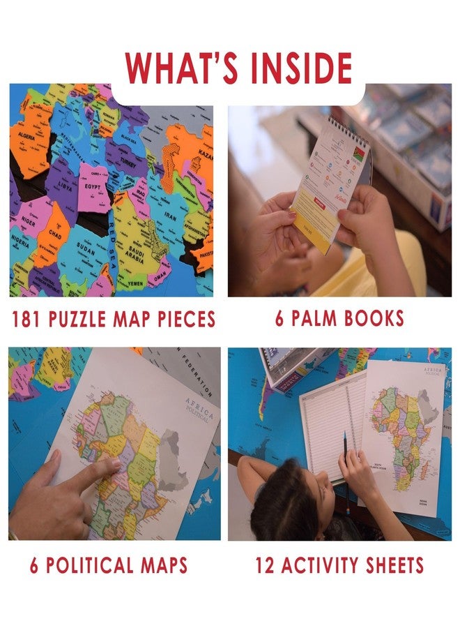 Zephyr World Map Puzzle with 181 Pieces | Includes 6 Palm Books, 6 Political Maps, 12 Activity Sheets & Robust Storage Box | Educational Toy & Learning Aid for Boys and Girls Age 3+ - Image 2